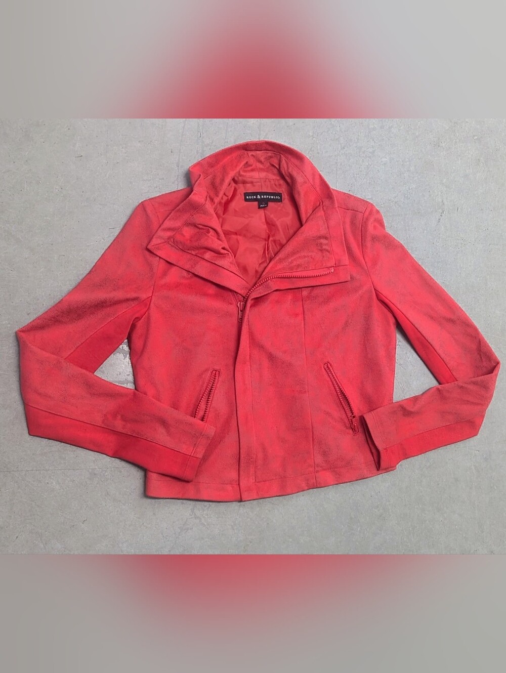 Rock & Republic Y2K Cropped Moto Jacket Red Distressed Faux Suede Size 6